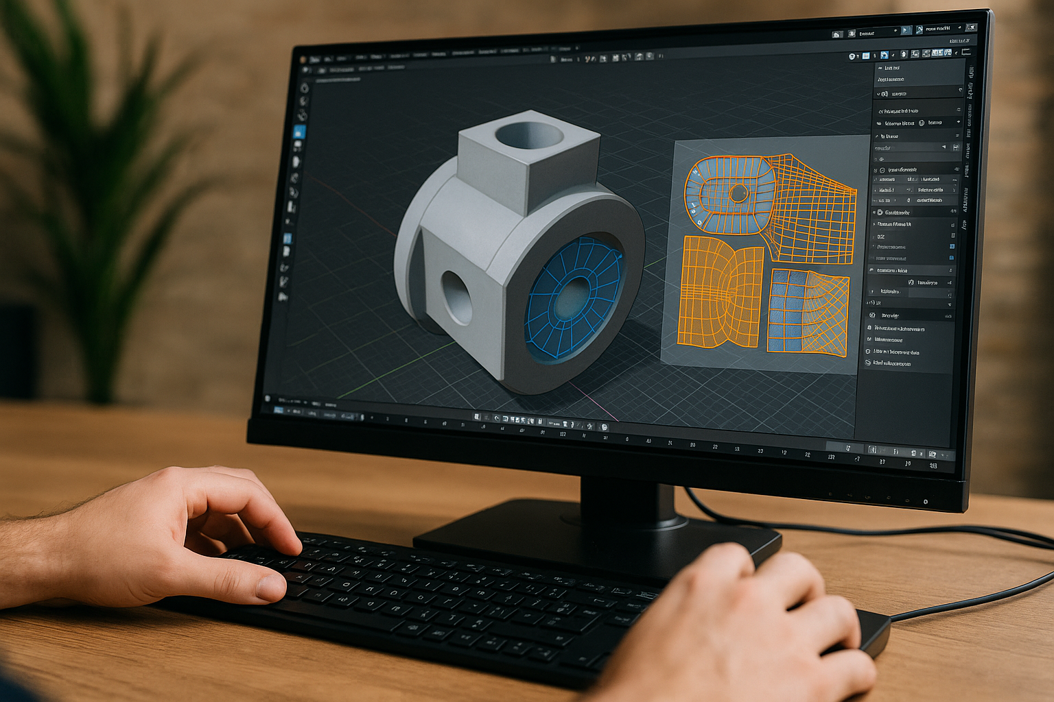 Hands using CAD software for 3D modeling in a studio